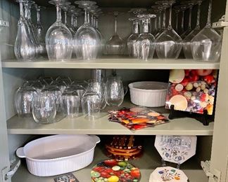 Reidel Signed Wine Glasses, Corning-ware, Colorful Festive Trivets