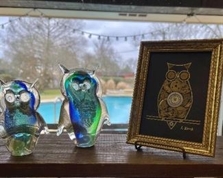 Vintage Murano-Italy Gold Dust Glass Owl Figures, Genuine Original Horological Collage Owl Signed by L Kersh-London