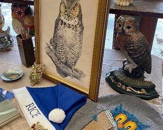 1970’s Framed Owl Art by Picken, Cast Iron Wright Studios Owl Door Stop, Vintage Owl Tennis Rack Cover