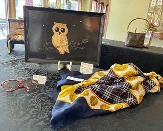 Vintage Italian Silk Burberry Scarf, Designer Gucci Sunglasses, Mid Century Couroc Phenolic Resin Serving Tray with Inlaid Wood Owl