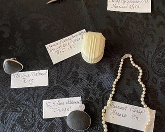 Sterling .925 Lava Statement Ring & Pendant, Pearl Necklace with 14k Diamond Clasp, Vintage Art Deco Ring Box, Vintage Christian Dior Folding Reading Glasses, Vintage Peres Embroidery Scissors