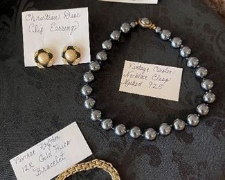 Vintage Rhythm 12K Gold Filled Bracelet, Vintage Carolee Necklace with Sterling Silver Clasp, Vintage Carolee Sterling Silver Earrings, Christian Dior Clip Earrings 