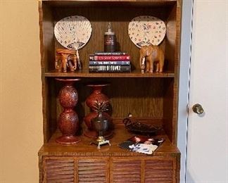Campaigner Wood Cabinet/Bookshelf, Vintage Wood Elephants