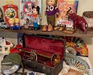 Vintage Fisher Price Teaching Clock, Vintage Wolverine Toys Mickey Mouse Club Pinball Game, Vintage Doll Weimar Wildcat Football, Siegfried & Roy Frontier Casino Program, Antique Metal Elephant, Vintage Fans, Vintage Boy Scout Canteen, Standard Dominoes, Vintage York Trumpet #164393