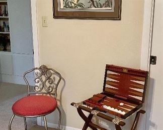 Vintage Tokyo Artist Toshi Yoshida Woodblock Print “Two Owls” 1970,  Vintage Aries Backgammon Set, Vintage Scheibe Luggage/Suitcase Valet Withe 3 Tapestry Straps