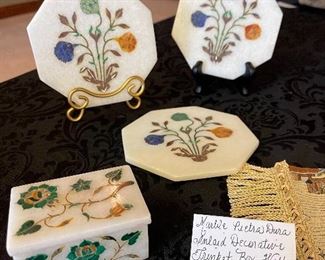 Marble Pietra Dura Inlaid Decorative Trinket Box and Decorative Plates With Semi Precious Stones