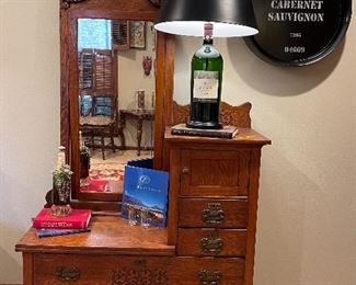 Antique Oak Gentlemen’s Dresser, 5L Wine Bottle Lamp, Larousse Encyclopedia of Wine Book, The World Atlas of Wine Book