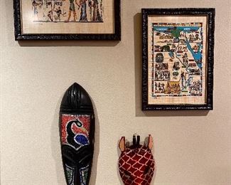 Framed Egyptian Art, Tourist Map of Egypt, Hand-carved African Wall Hanging