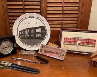 Taylor Instrument Company 1927 Stormoguide/Barometer,  Weimar High School 1926-1983 Collector Plate,   Vintage Gilded Owl Lamp, City of Weimar Solid Brass Key Bottle Opener