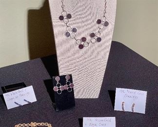 14K Precious Stone Earrings, Sterling Silver Wood Retro Necklace and Earrings, 14K Link Bracelet 