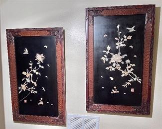Vintage Asian Panel Art Made With Mother of Pearl on Black Wood-Very Pretty!
