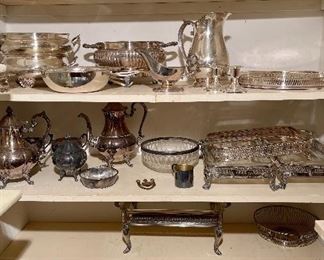 Silver-plate Water Pitcher, Coffee Pots, Trays, Serving Pieces 