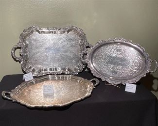 Vintage Reed & Barton Winthrop Silverplate Tray, Vintage EPC Old English by Poole Footed Tray, Vintage Sheridan Silver on Copper 30” Footed Butler Tray