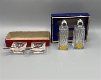 Sterling Salt Spoons With Hand Cut Salt And Pepper Shakers