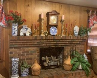 Blue and white decor, gold and brass candle sticks, baskets