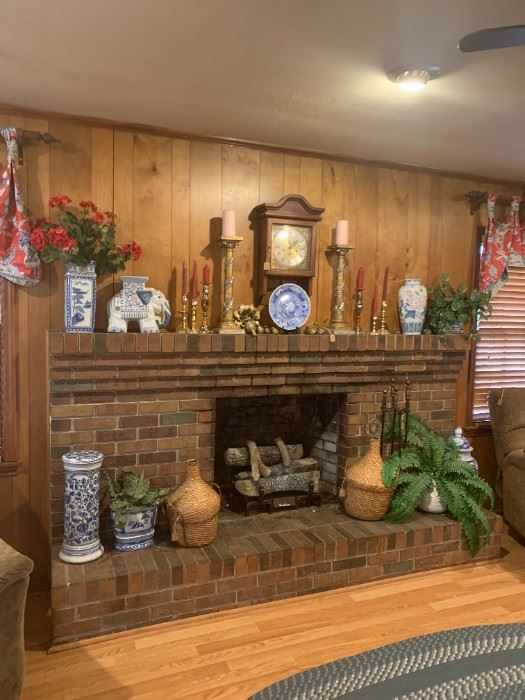 Blue and white decor, gold and brass candle sticks, baskets 