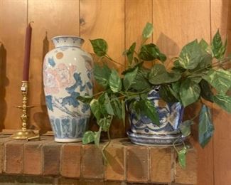 blue and white planter, vase