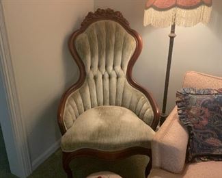 Green velvet Victorian accent chair