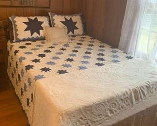full size wooden bed, beautiful handmade blue and white star quilt