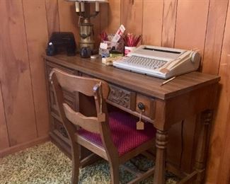 wooden writing desk with chair, office equipment