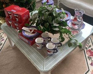 Wicker and glass top table, red hat serving ware