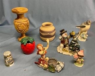 Assorted home decor items (crack on wood candle holder and missing piece on elf)