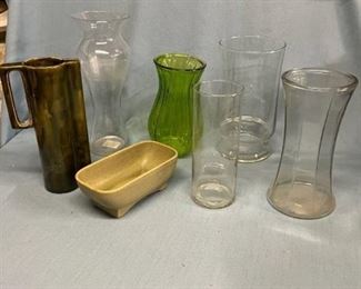 Assorted glass vases and Floraline 418 planter