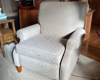 Beautiful linen recliner, 33” x 38”D x 39”H,  was $435, NOW $385