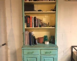 Distressed Book Shelf. Two drawers, Cabinet Space with Shelf. 
