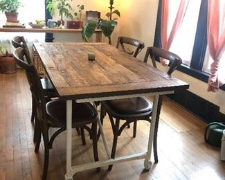 Restoration Hardware Table, Barn Door Top, Heavy Metal Legs (wheels do not turn, decorative). 
