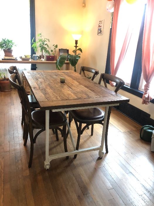 Restoration Hardware Table, Barn Door Top, Heavy Metal Legs (wheels do not turn, decorative). 