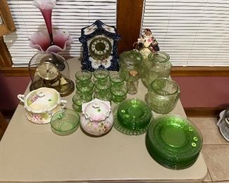 Satin glass compote w flute, depression glass, clocks, painted porcelain. 