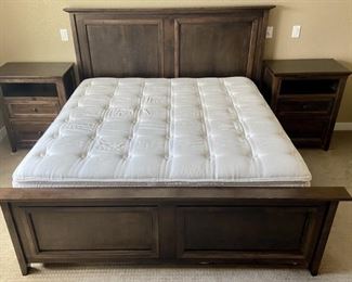 Solid Designer Dark Wood King Size Bed With Matching Side Tables, Mattress, & Box Spring