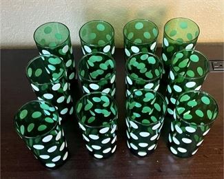 Set Of 12 Vintage Anchor Hawking Forest Green Glasses Polka Dot Tall Tumblers