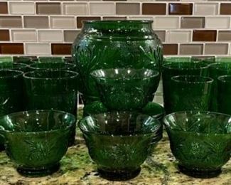 Collection Of Vintage Daisy And Fern Raised Design Glassware - Tumblers, Jardinere, Bowls, And Liners