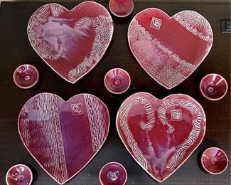 Set Of Kathi Kline Handmade Studio Pottery Heart Plates And Small Bowls