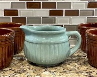 Vintage Stoneware Ribbed Green Pottery Handled Pitcher USA And (4) Ribbed Brown Pottery Bowls