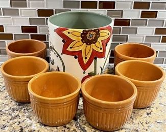 Colorful Pottery Pier One Carynthum Vase Utensil Holder And (6) Vintage Stoneware USA Ribbed Pottery Bowls