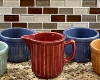 Collection Of Vintage USA Stoneware Ribbed Assorted Color Pottery Bowls And Pitcher