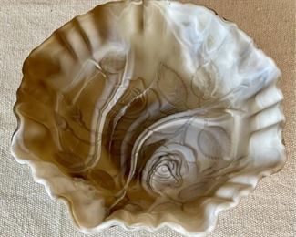 Handcrafted Imperial USA Slag Glass Rose Pattern Ruffled Dish