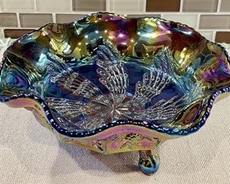 Fenton Carnival Glass Footed Ruffled Bowl With Butterfly Pattern