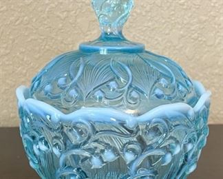 Vintage Fenton Opalescent Blue Bells Candy Dish With Lid
