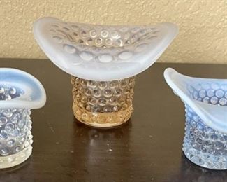 3 Vintage Fenton Hobnail Moon Stone And Opalescent Hats, Champagne, Blue And White