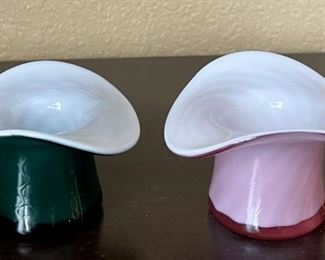2 Vintage Fenton Cased Glass Hats Pink Swirl And Green Harlequin Pattern