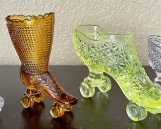 Vintage Lot Of Art Glass Roller Skate Boots And Shoes - Vaseline Glass - Red Glass - Amber Glass And Clear