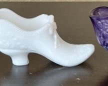3 Vintage Shoes Fenton Slag Bootie Daisy & Button, Degenhart Purple Opalescent Shoe & Milk Glass Shoe Bow