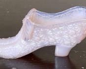 3 Vintage Glass Shoes - Fenton Burmese Glass - Daisy And Button Pink Opalescent - Green Daisy & Button