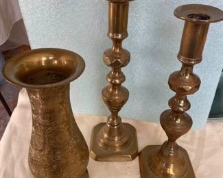 Finely etched brass vase and pair of candlesticks