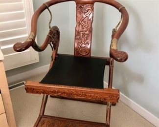 Vintage Asian carved wood & brass chairs - We Have a PAIR