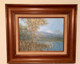 Jack Terry. Original oil painting.  “Duck Over Spring Creek” Signed on back of canvas by artist and numbered 12–56–77